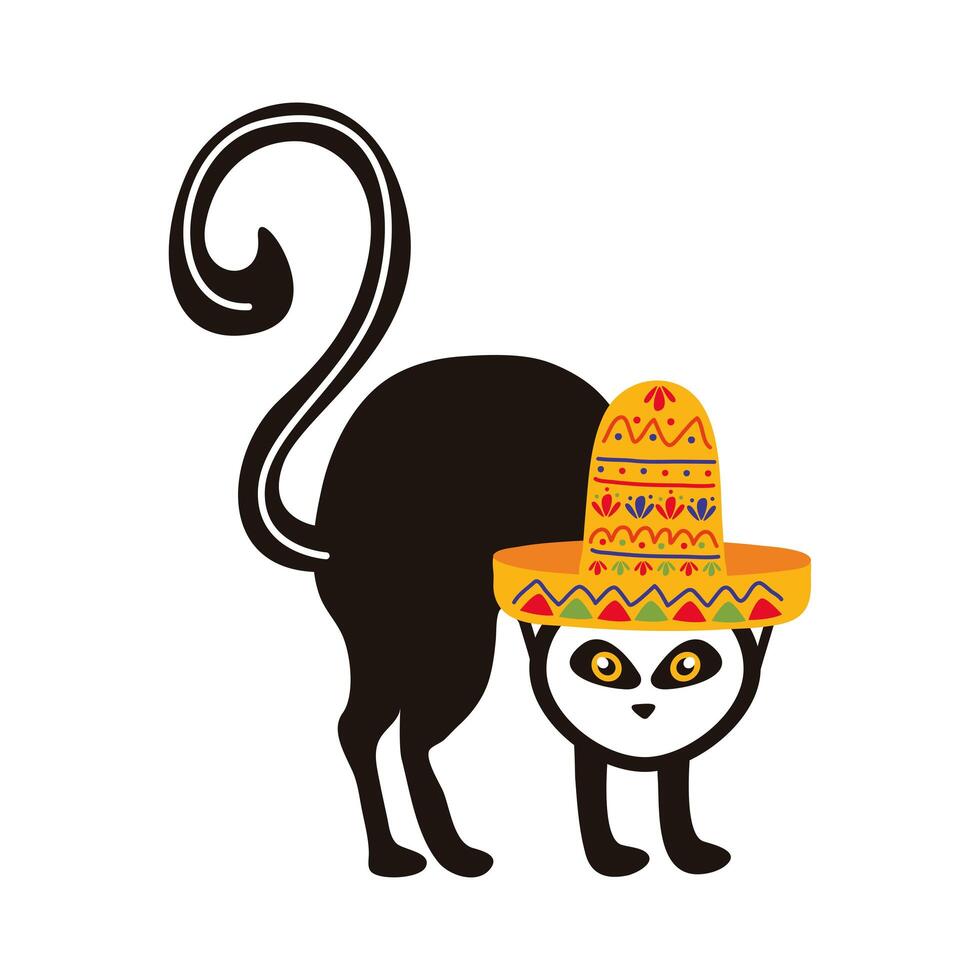 Gato con sombrero mexicano icono aislado de la cultura vector