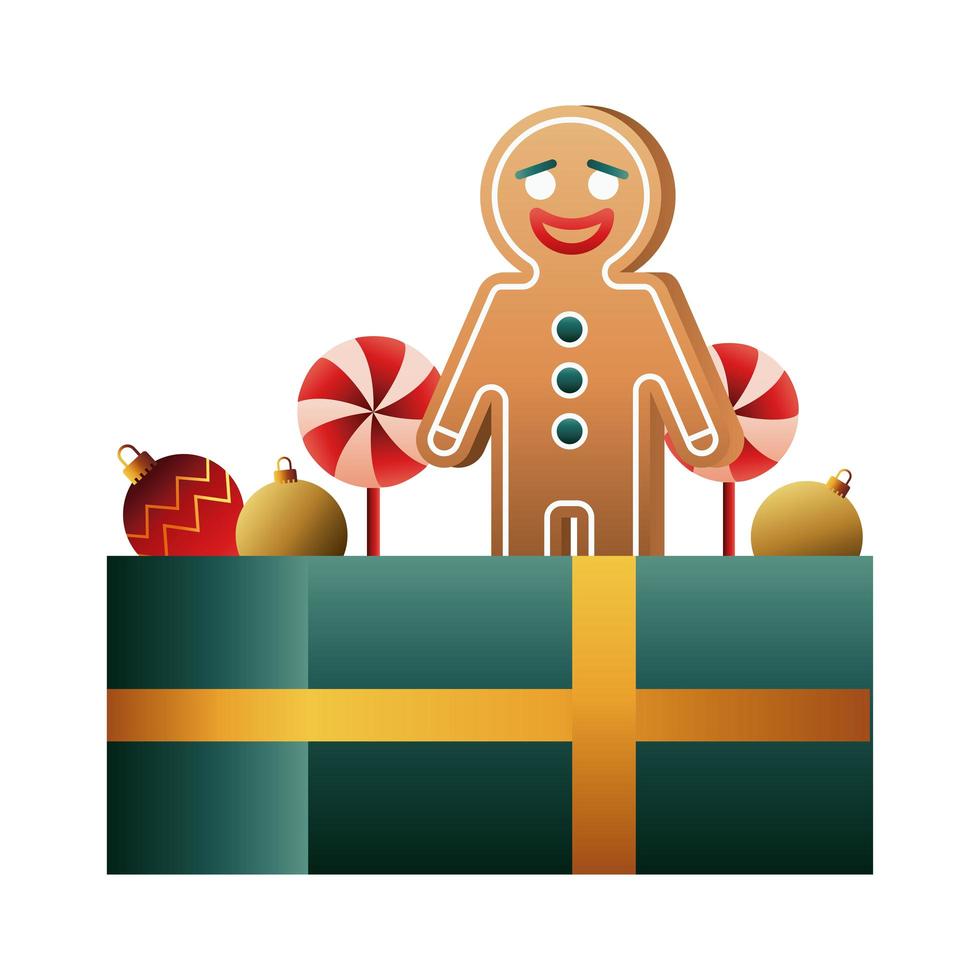 little ginger cookie and christmas balls in gift vector