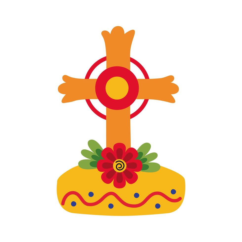 dia de los muertos tumba cruz con flor estilo plano vector