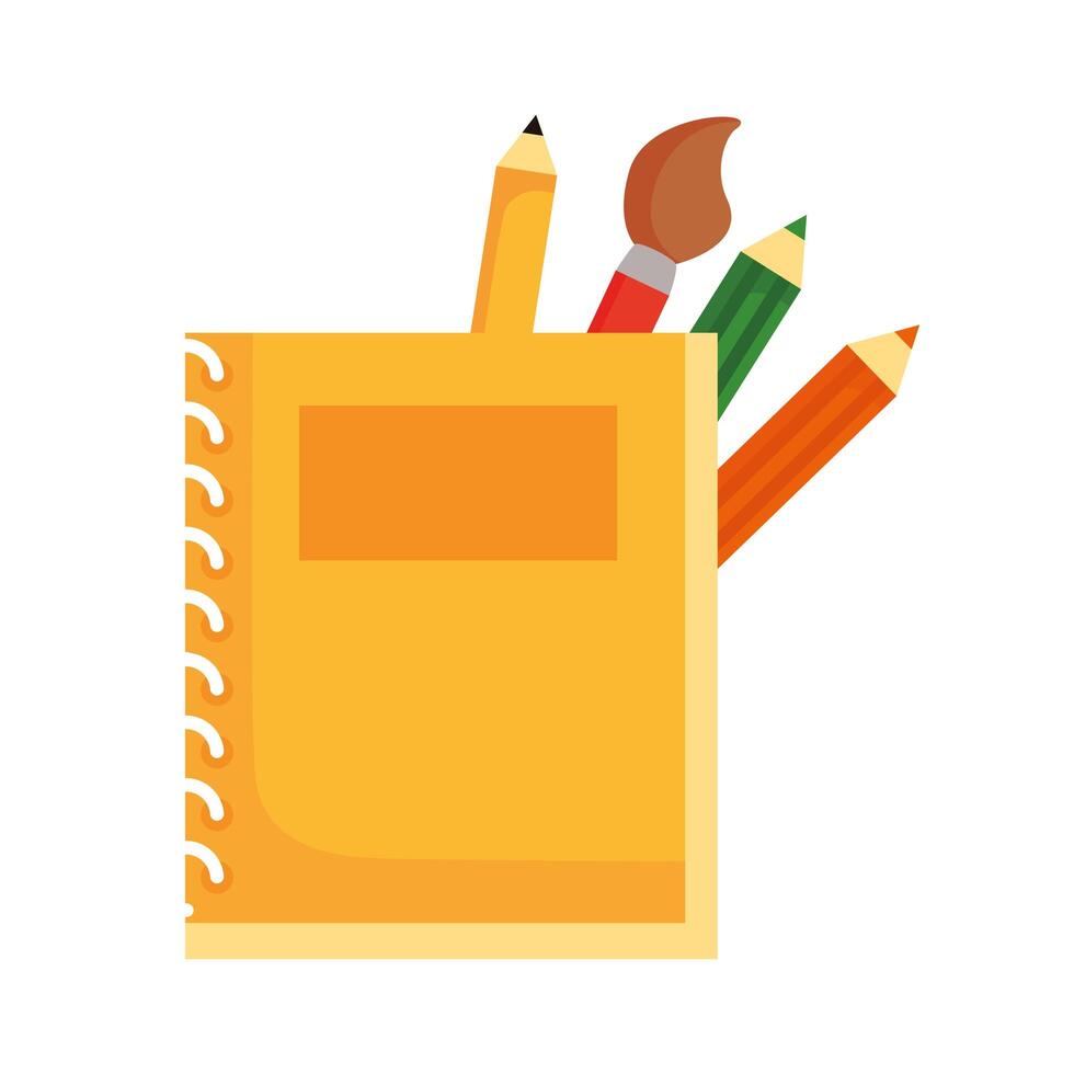 notebook school with colors pencils and paint brush flat style icon vector