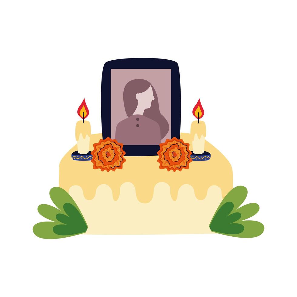 mexican altar of day of the dead with picture of woman flat style vector