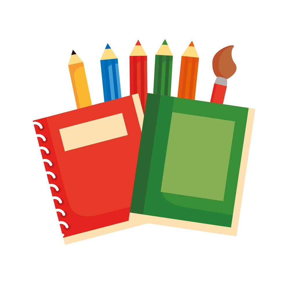 Escuela de cuadernos con lápices de colores e icono de estilo plano de pincel vector