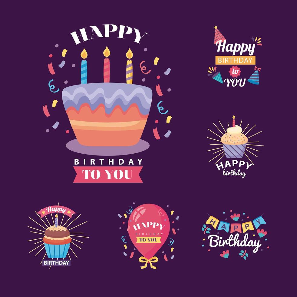 seis insignias feliz cumpleaños con decoración vector