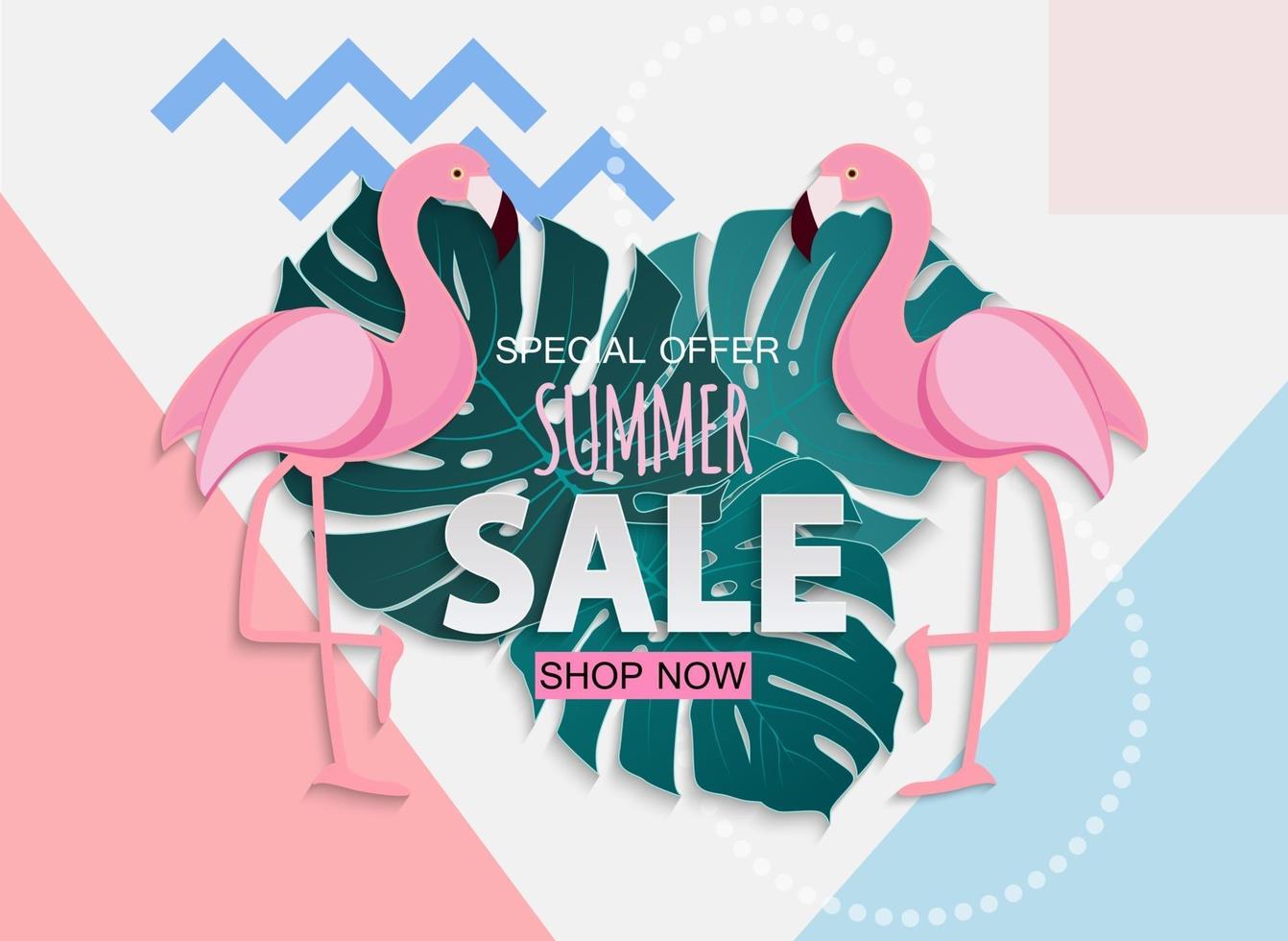 Abstract Summer Sale Background with Palm Leaves and Flamingo vector