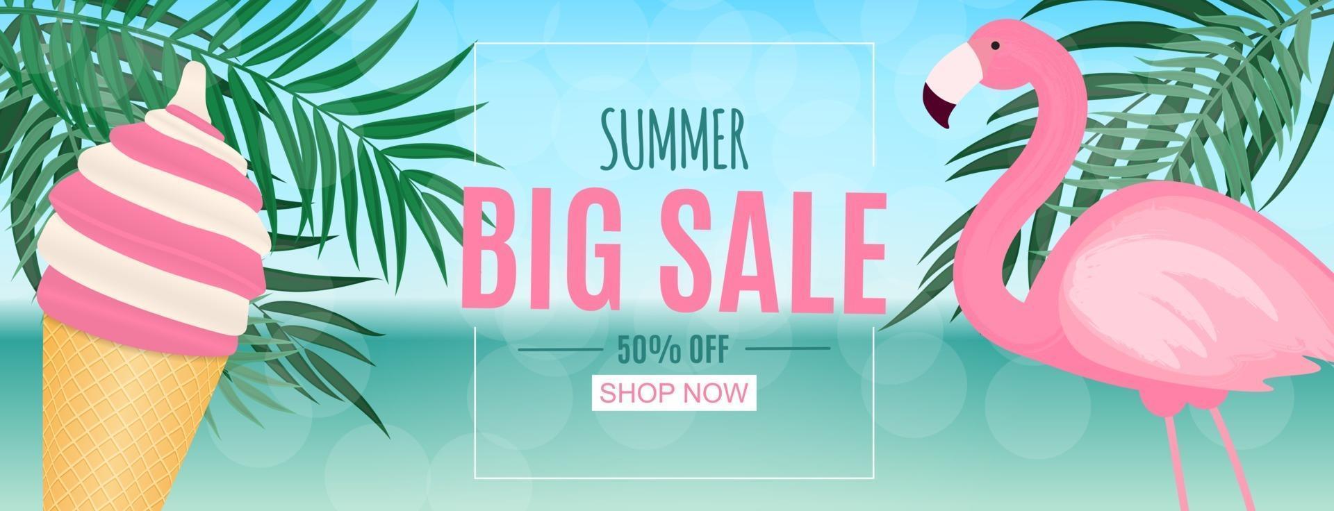 Abstract Summer Sale Background with Palm Leaves and Flamingo vector