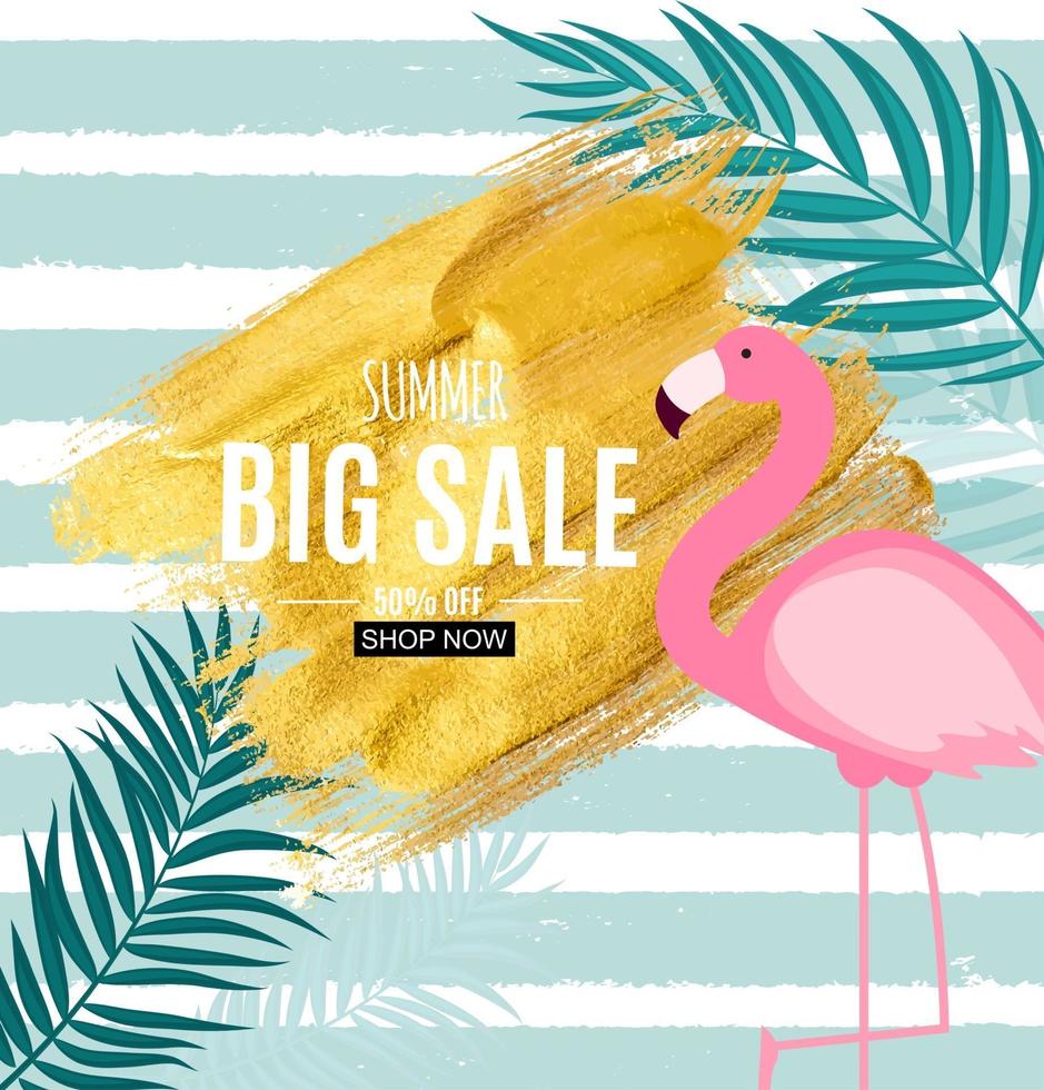 Abstract Summer Sale Background with Flamingo and Palm Leaves vector