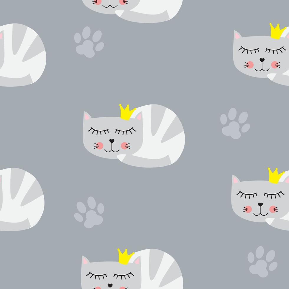 Little Cute Cat Princess Seamless Pattern Background Vector Illustration