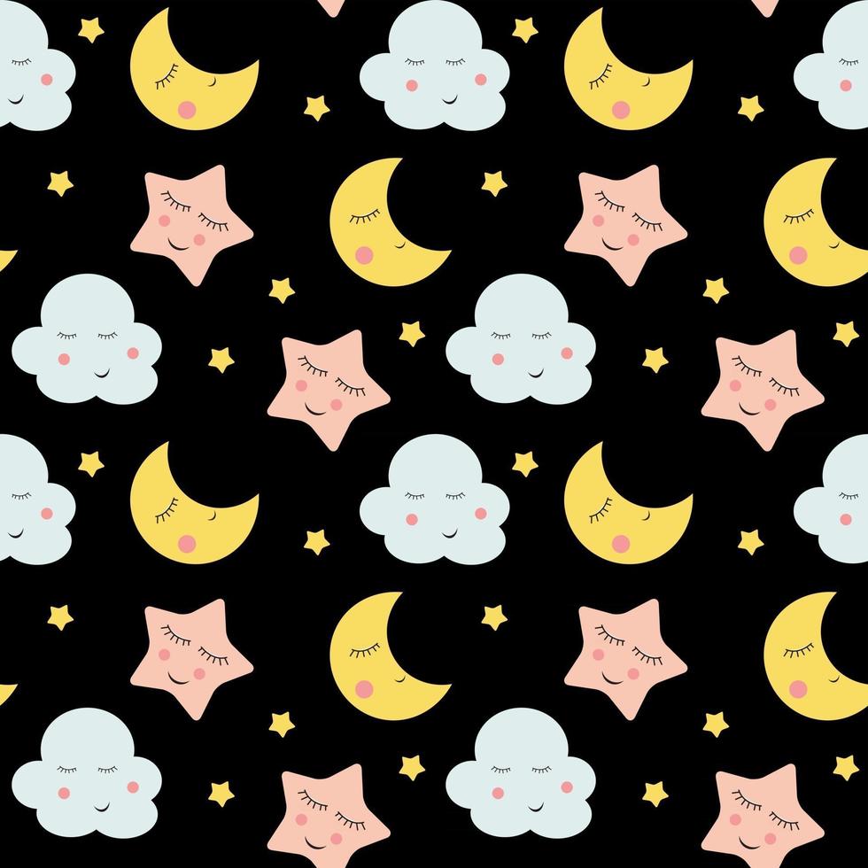 Cute Clouds, Stars and Moons Seamless Pattern Background vector