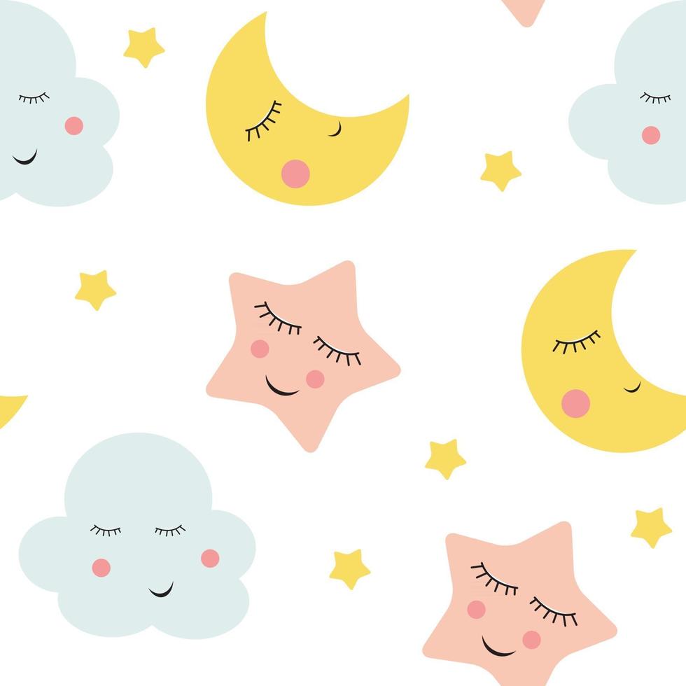 Cute Clouds, Stars and Moons Seamless Pattern Background vector