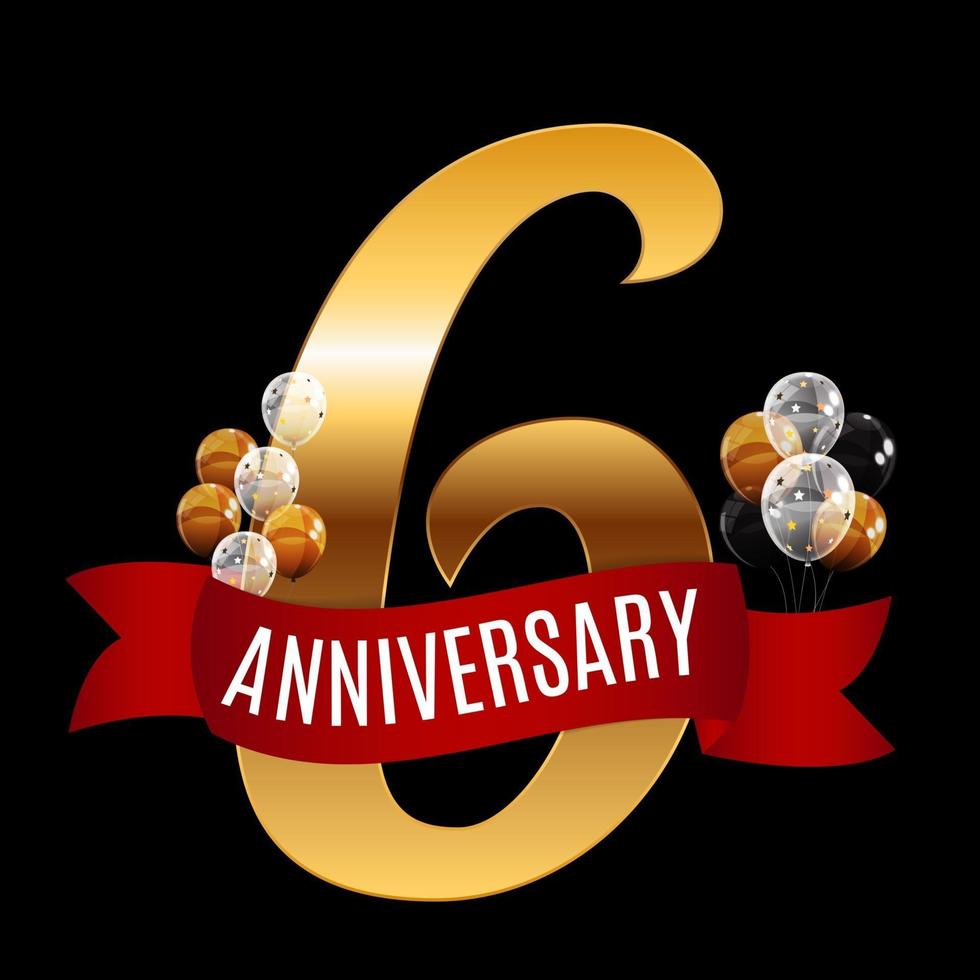 Golden 6 Years Anniversary Template with Red Ribbon Vector Illustration