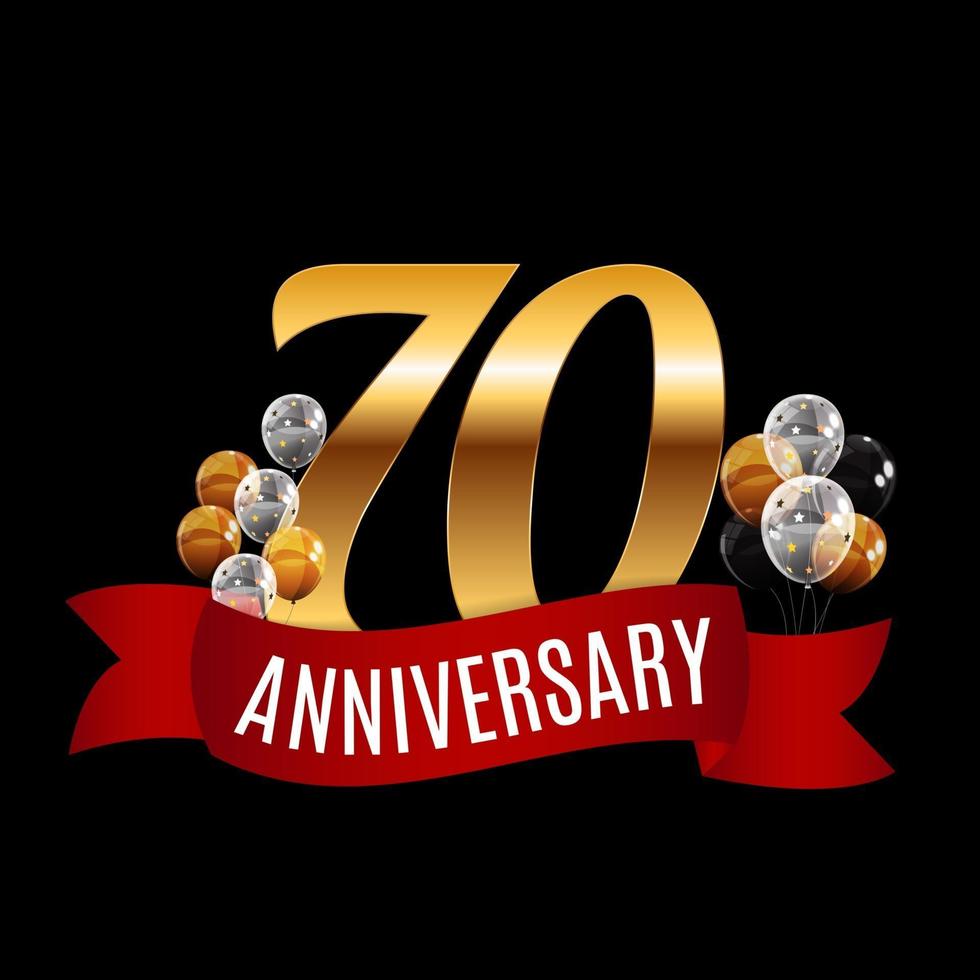 Golden 70 Years Anniversary Template with Red Ribbon Vector Illustration