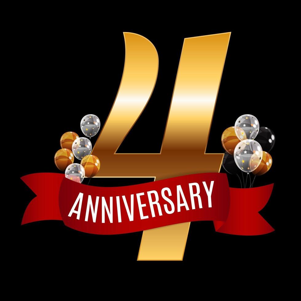 Golden 4 Years Anniversary Template with Red Ribbon Vector Illustration