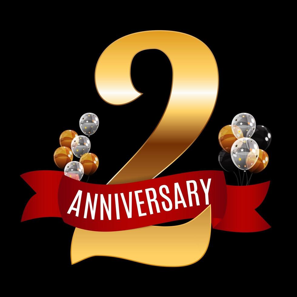 Golden 2 Years Anniversary Template with Red Ribbon Vector Illustration