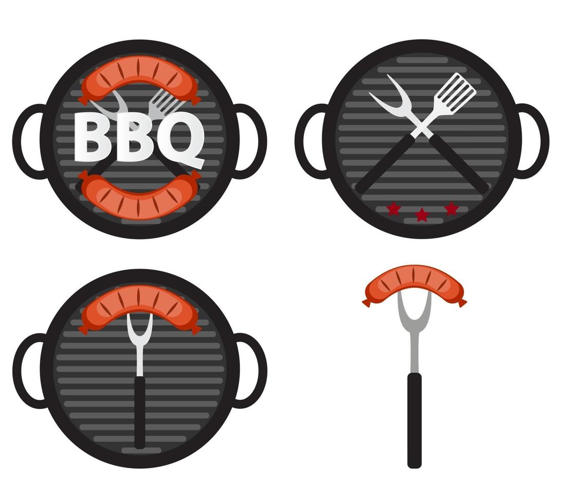 Conjunto de iconos de barbacoa con herramientas de parrilla y salchichas vector