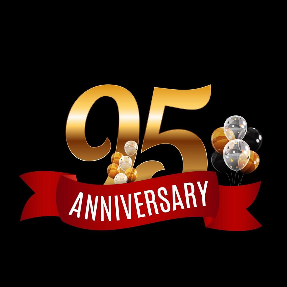 Golden 95 Years Anniversary Template with Red Ribbon Vector Illustration