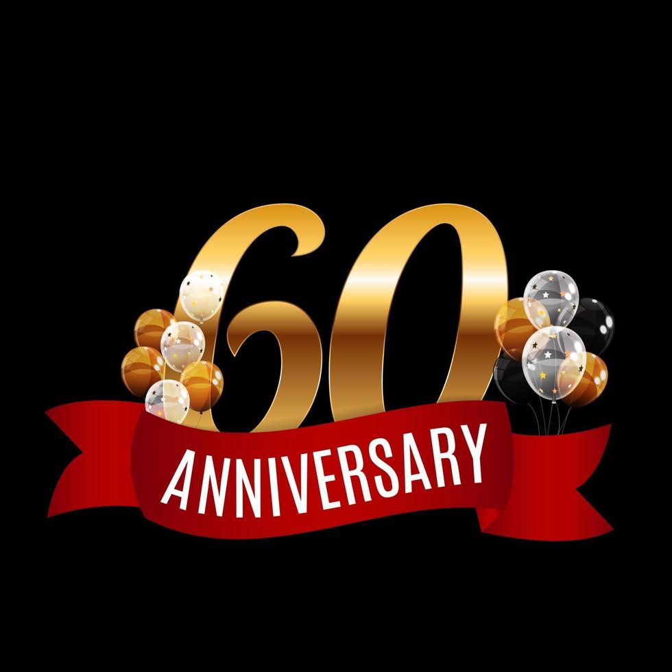 Golden 60 Years Anniversary Template with Red Ribbon Vector Illustration