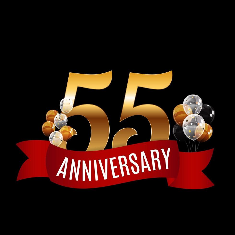 Golden 55 Years Anniversary Template with Red Ribbon Vector Illustration