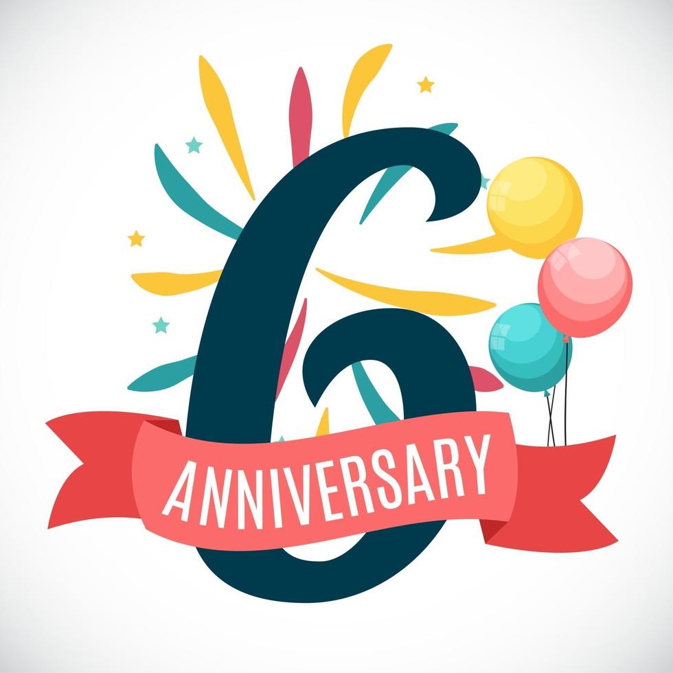 Anniversary 6 Years Template with Ribbon Vector Illustration