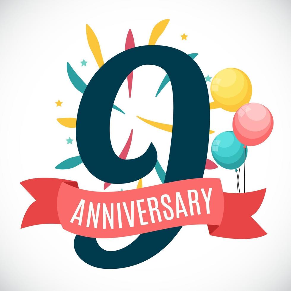Anniversary 9 Years Template with Ribbon Vector Illustration