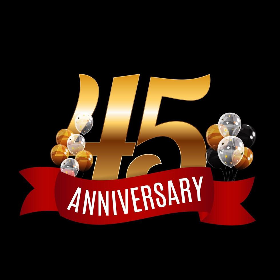 Golden 45 Years Anniversary Template with Red Ribbon Vector Illustration