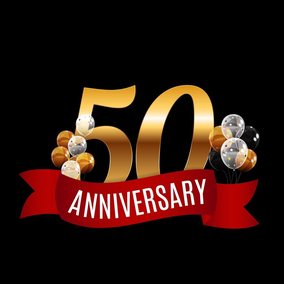 Golden 50 Years Anniversary Template with Red Ribbon Vector Illustration