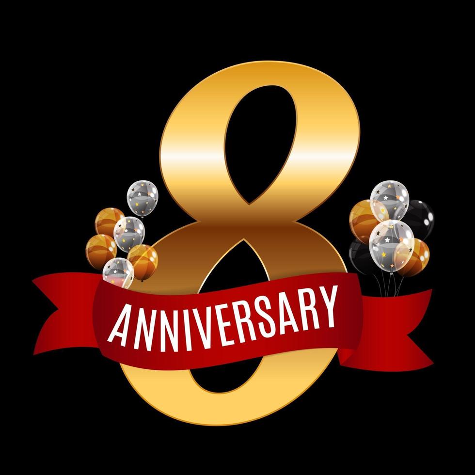 Golden 8 Years Anniversary Template with Red Ribbon Vector Illustration