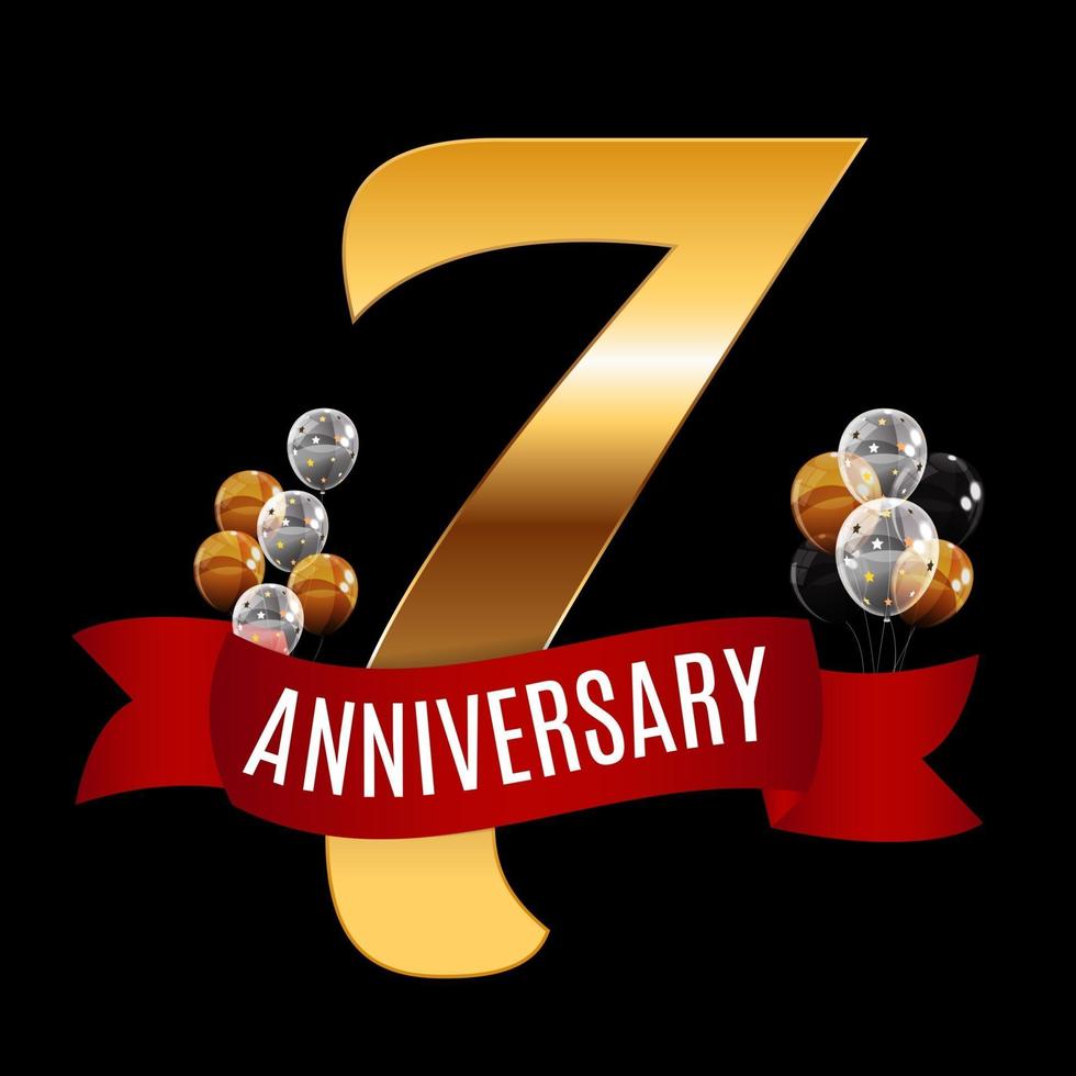 Golden 7 Years Anniversary Template with Red Ribbon Vector Illustration