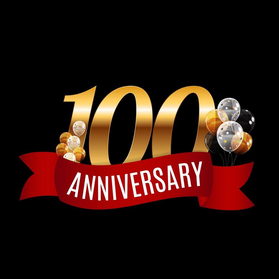 Golden 100 Years Anniversary Template with Red Ribbon Vector Illustration