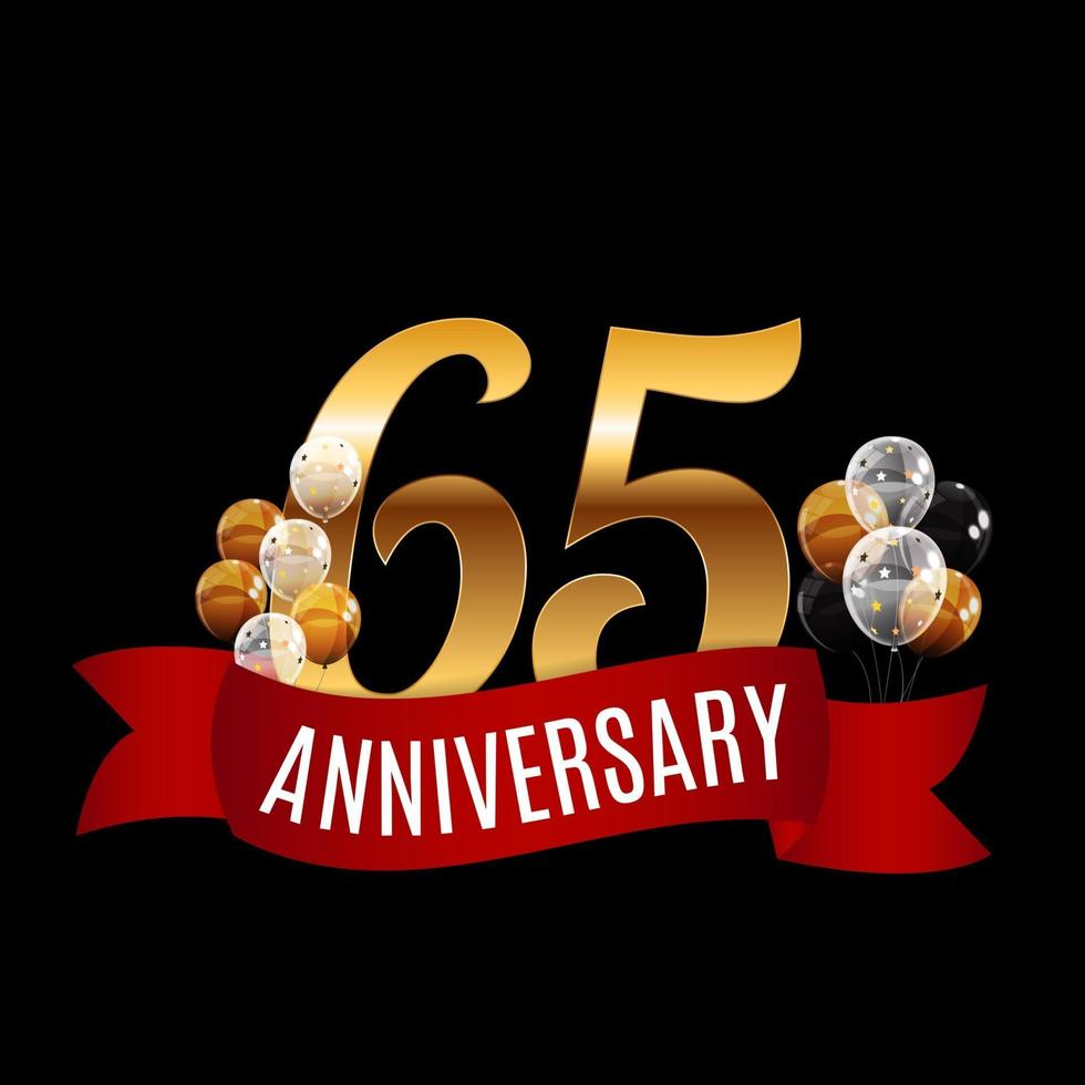 Golden 65 Years Anniversary Template with Red Ribbon Vector Illustration