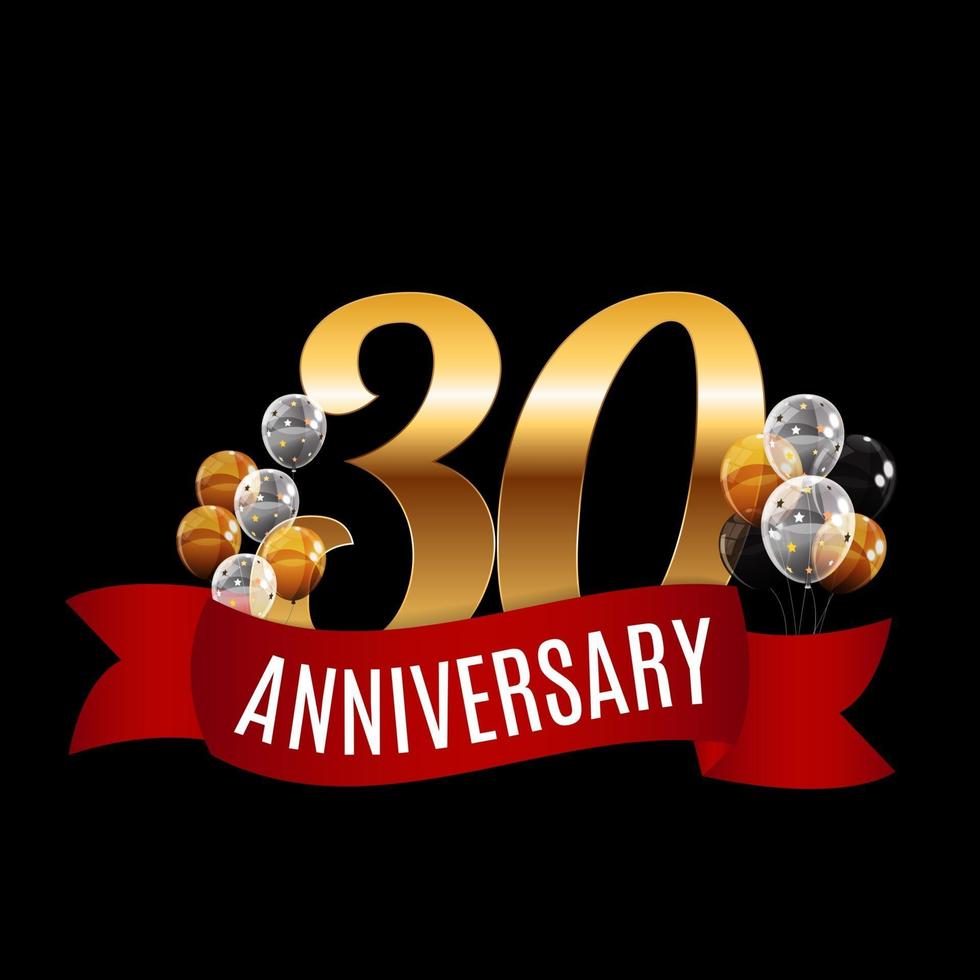 Golden 30 Years Anniversary Template with Red Ribbon Vector Illustration