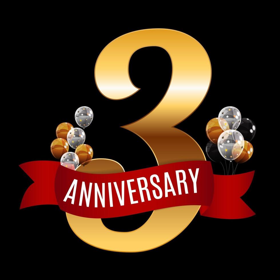 Golden 3 Years Anniversary Template with Red Ribbon Vector Illustration