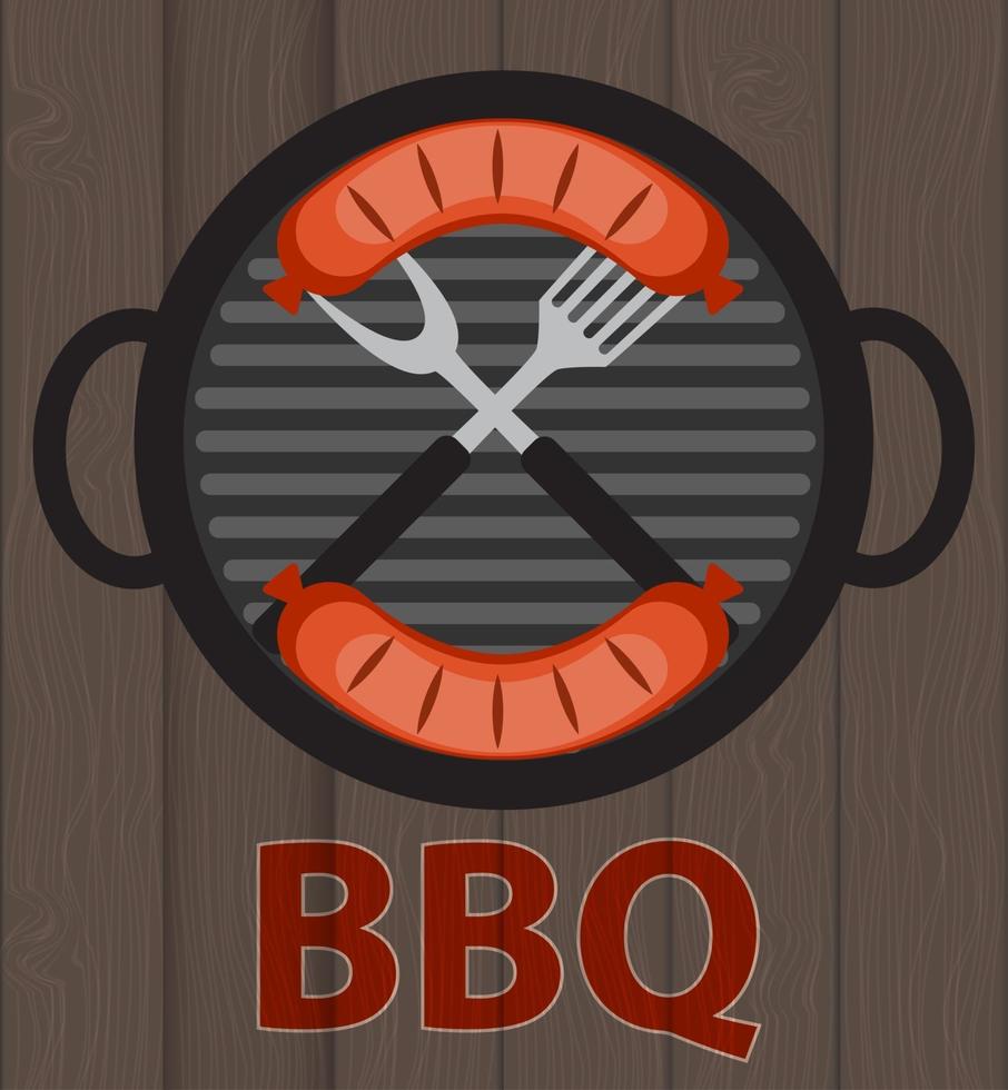 BBQ Icon with Grill Tools and Sausage on Wooden Background vector