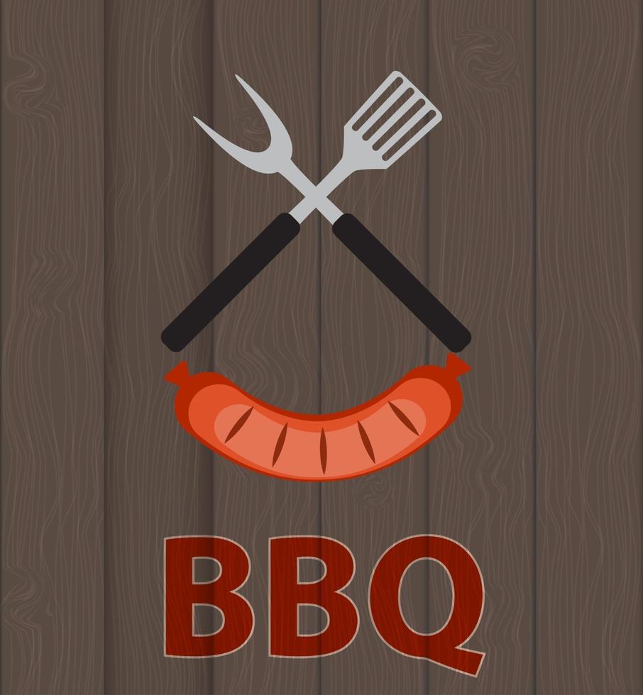 BBQ Icon with Grill Tools and Sausage on Wooden Background vector