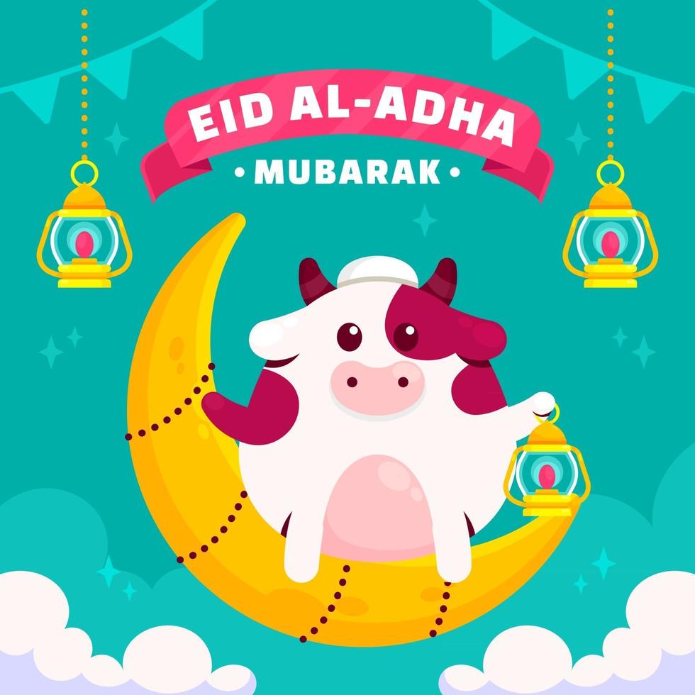 concepto de saludo eid adha con vaca linda vector