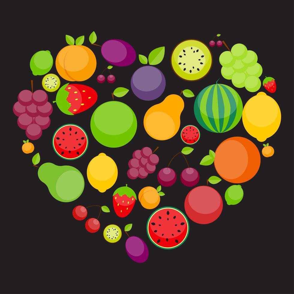 manzana, naranja, ciruela, cereza, limón, lima, sandía, fresas, kiwi, melocotones, uvas y pera en forma de corazón. concepto de frutas de amor vector