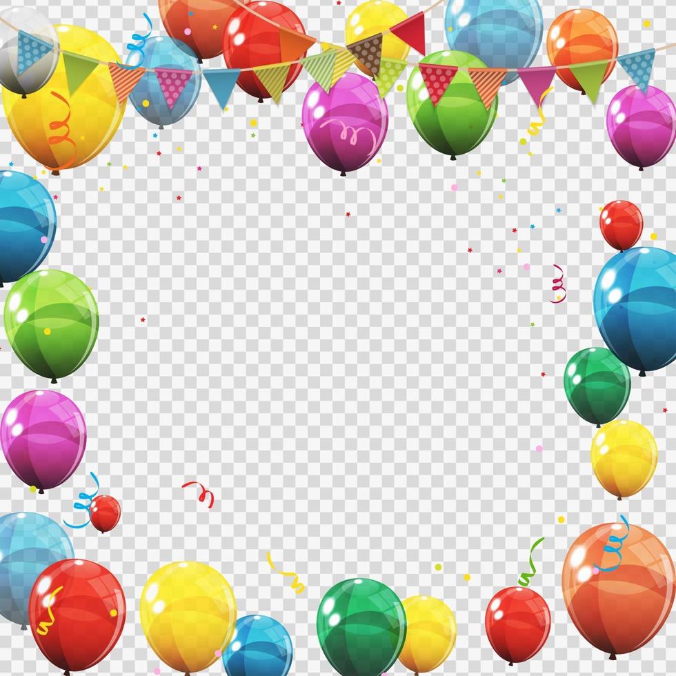 Group of Colour Glossy Helium Balloons Isolated. Set of Balloons and Flags for Birthday Anniversary Celebration, Party Decorations vector