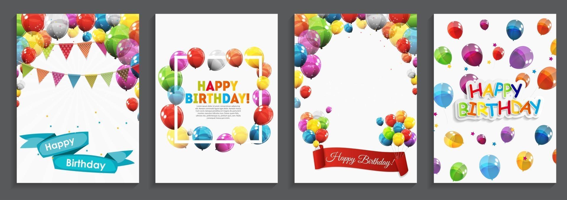 Feliz cumpleaños, saludo navideño y plantilla de tarjeta de invitación con globos y banderas vector