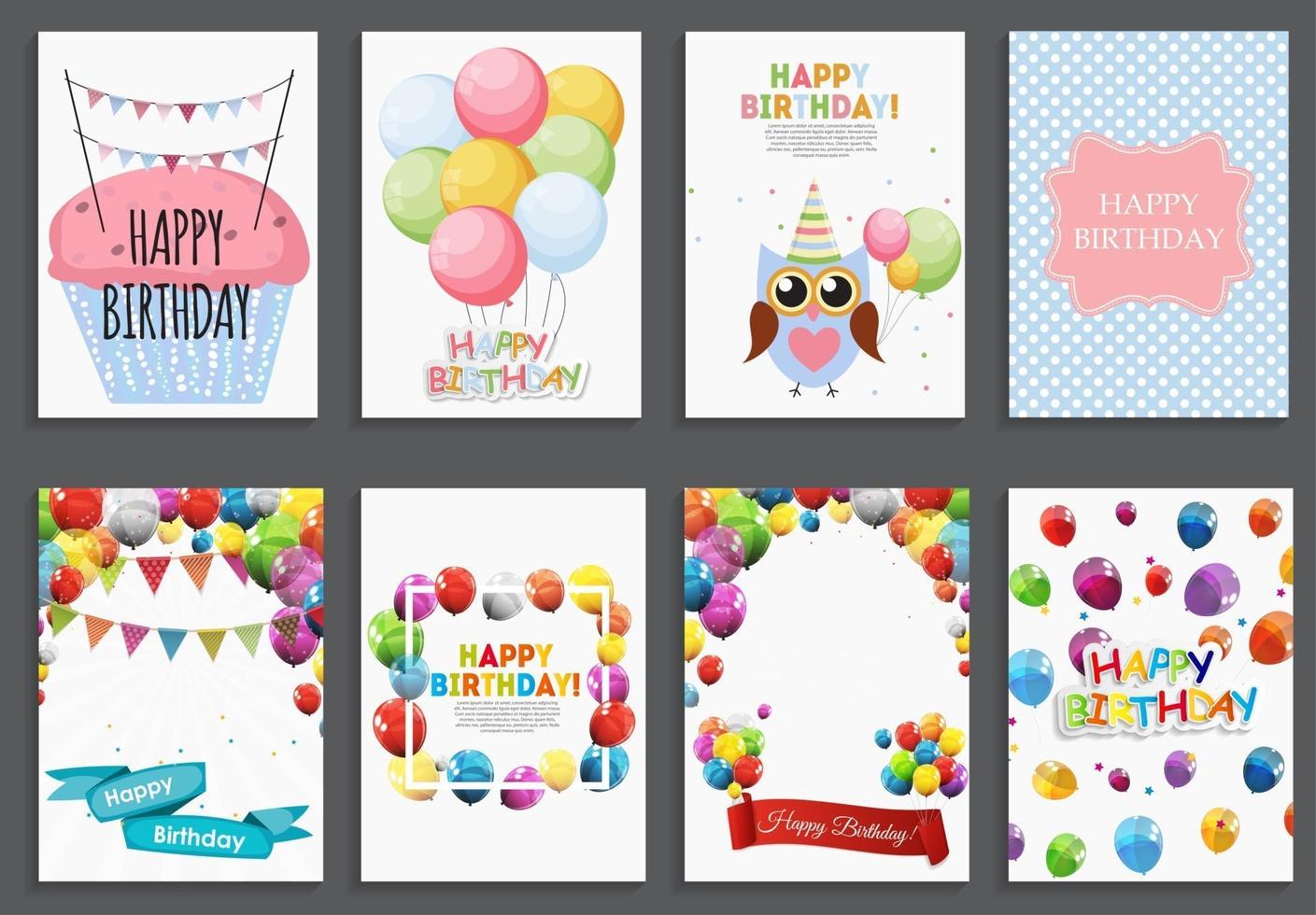 Happy Birthday, Holiday Greeting and Invitation Card Template Set with Balloons and Flags vector