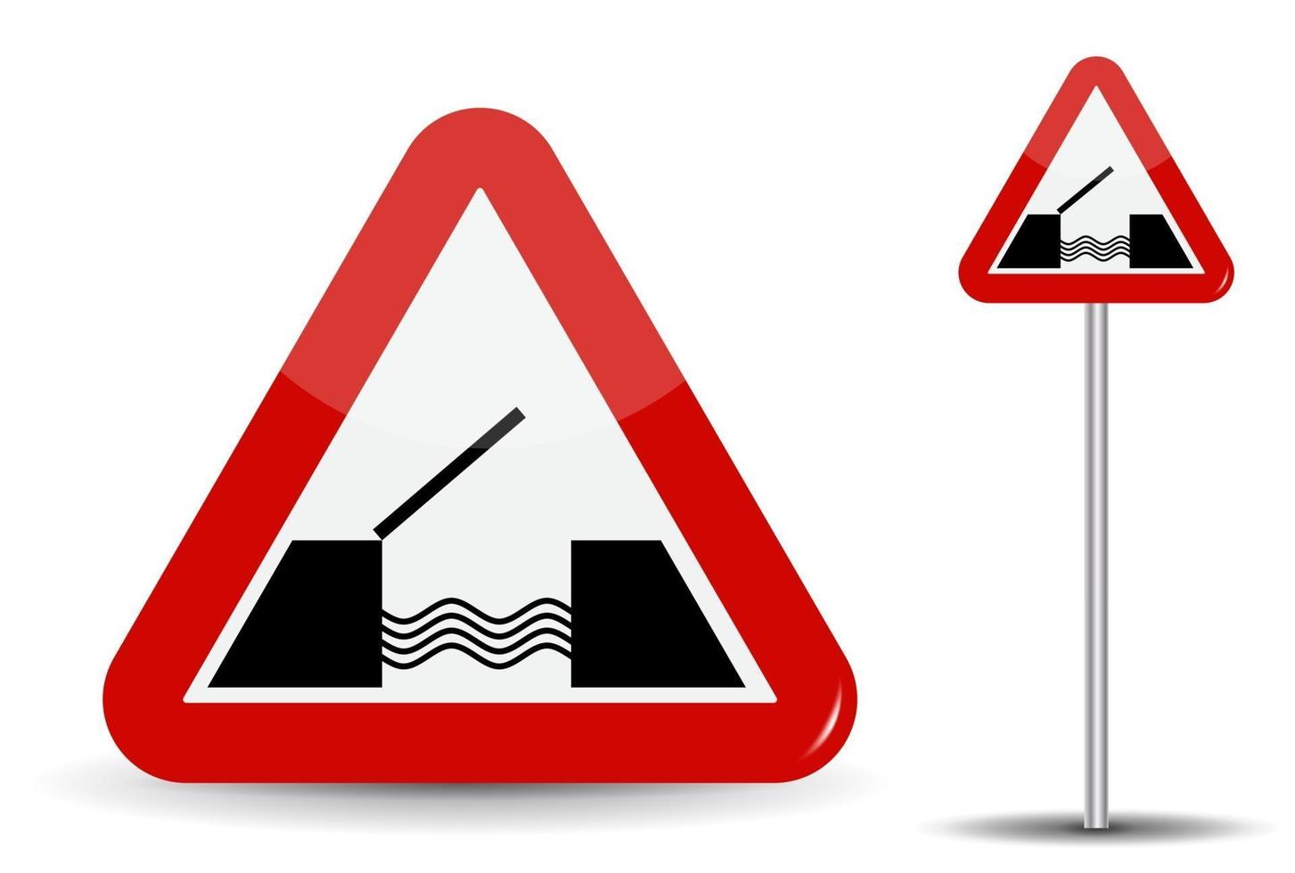 Road sign Warning Drawbridge In Red Triangle are schematically depicted coast water and bridge vector