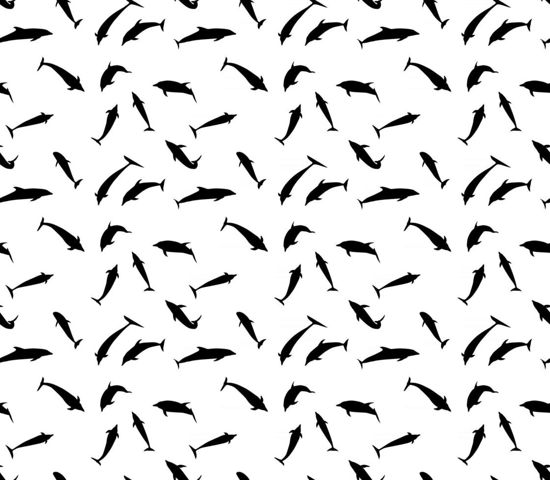 Seamless pattern of black dolphins in different variants. Jump, fly, swim and dive vector