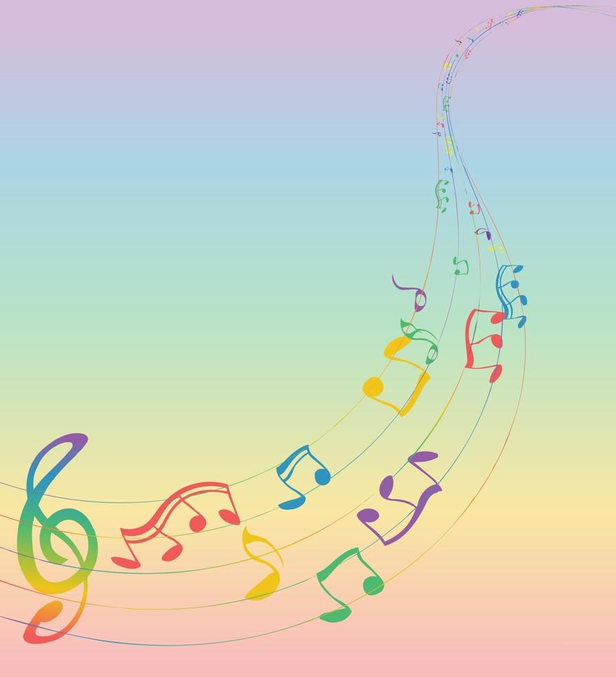 Set of musical notes on a five line clock. Colors of rainbow, Treble clef. vector