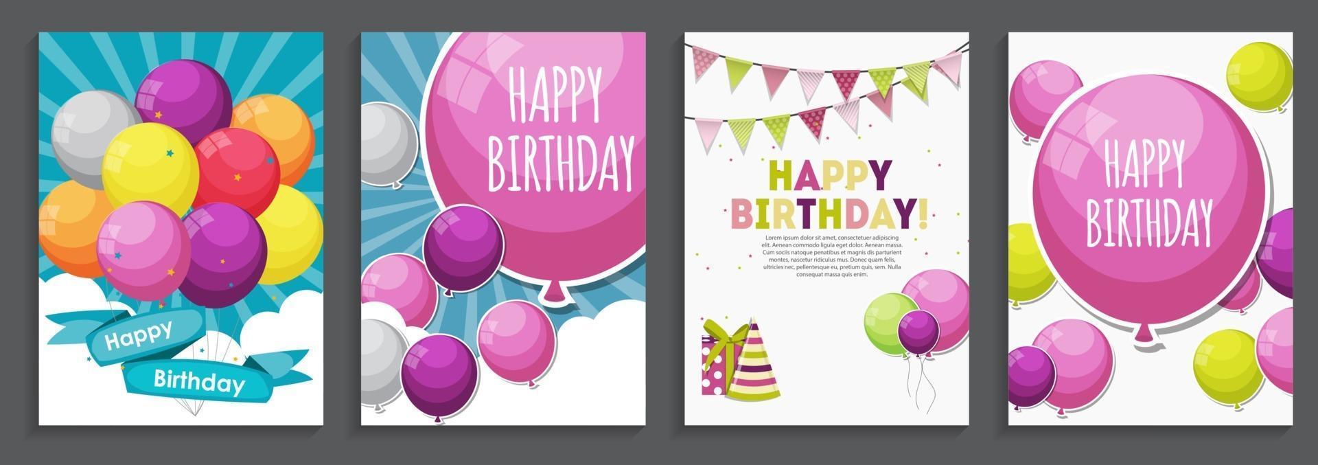 Plantilla de tarjeta de felicitación e invitación de feliz cumpleaños con globos y banderas vector