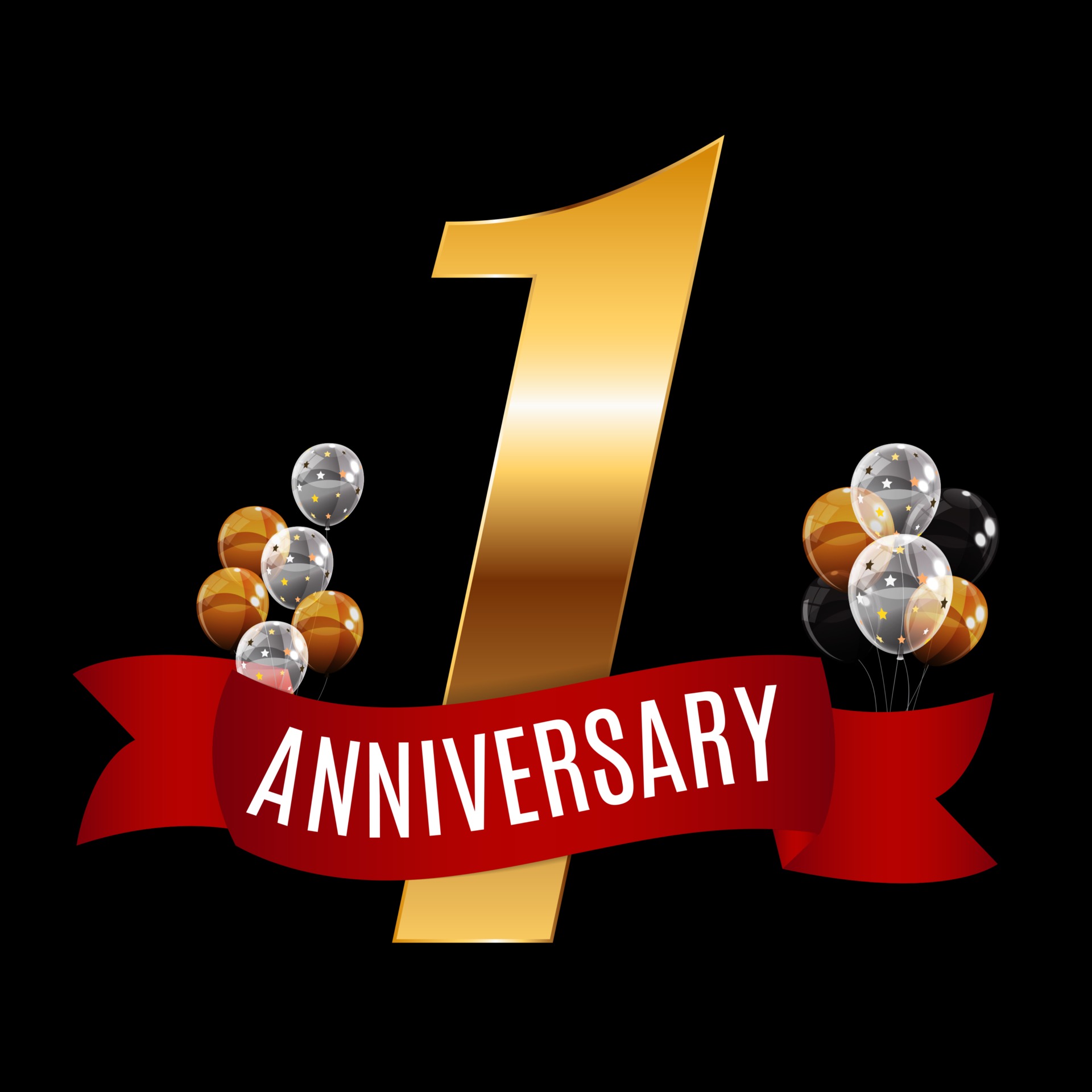 Golden 1 Year Anniversary Template with Red Ribbon Vector Illustration ...