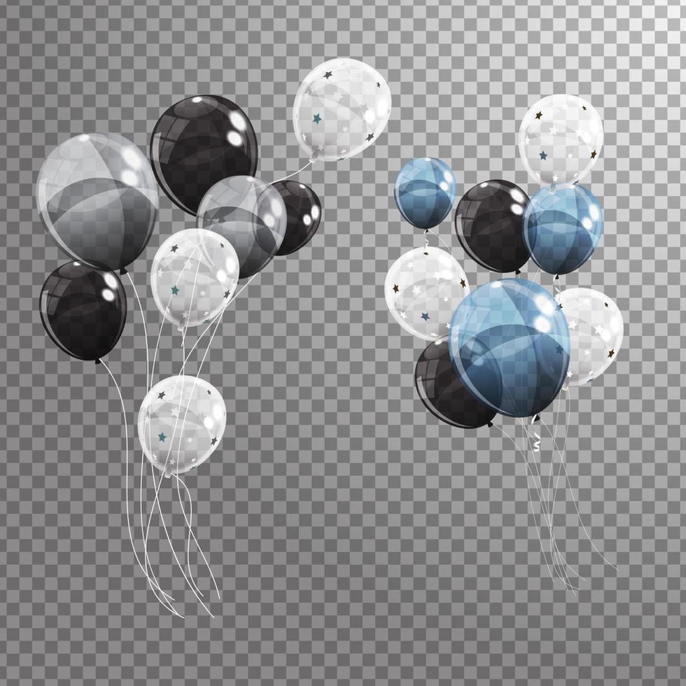 grupo de globos de helio brillante de color aislado. conjunto de globos plateados, negros, azules y blancos para celebración de aniversario de cumpleaños, decoraciones para fiestas vector