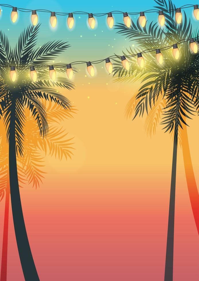 diseño de vacaciones de verano puesta de sol con hojas de palmera y bombillas de guirnalda amarilla vector