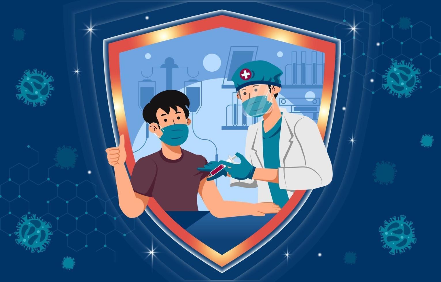 Happy Healthy Man get Covid Vaccine by a Doctor vector