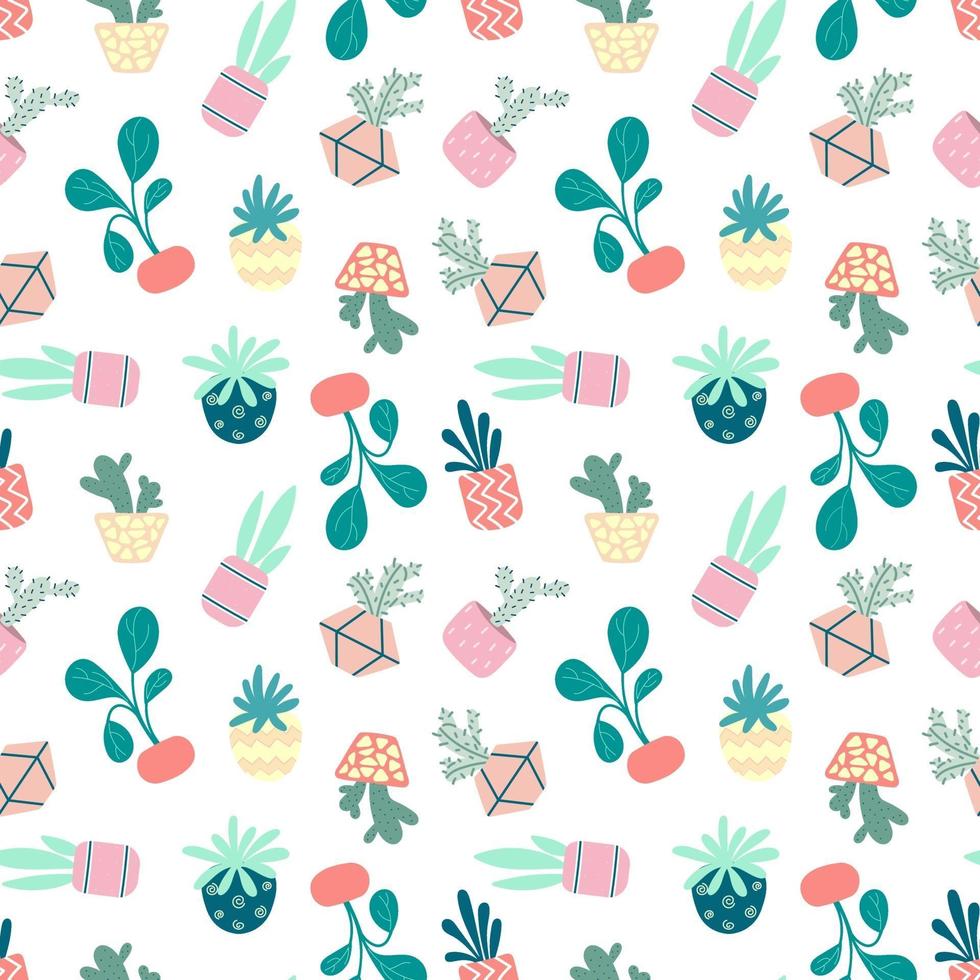Home potted plants seamless pattern. Indoor flowers. Pattern in earthy and natural colors in boho style vector