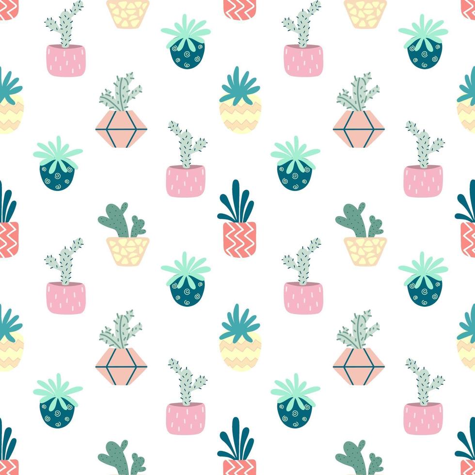 Home potted plants seamless pattern. Indoor flowers. Pattern in earthy and natural colors in boho style vector