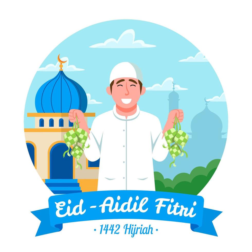 hombre que lleva ketupat en eid aidil fitri vector