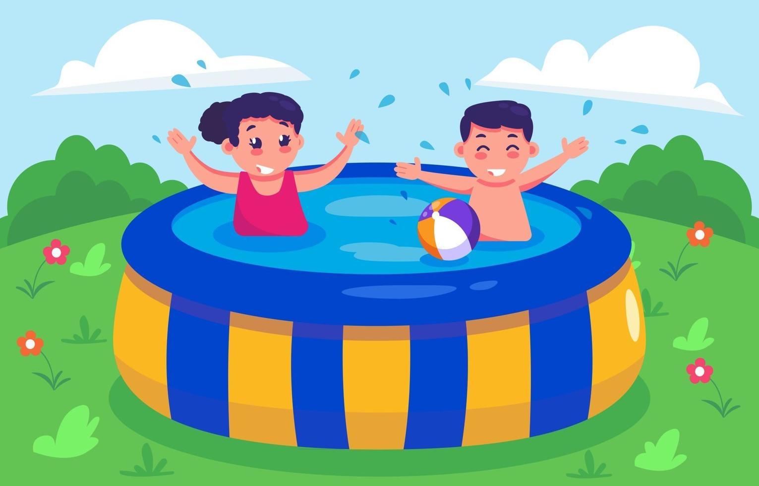 Kids Swimming in Inflatable Pool vector